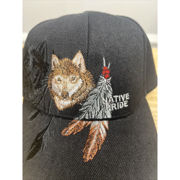 Native Pride Hat Cap Strap Back Black Adjustable Wolf‎ One Size - Picture 2 of 5
